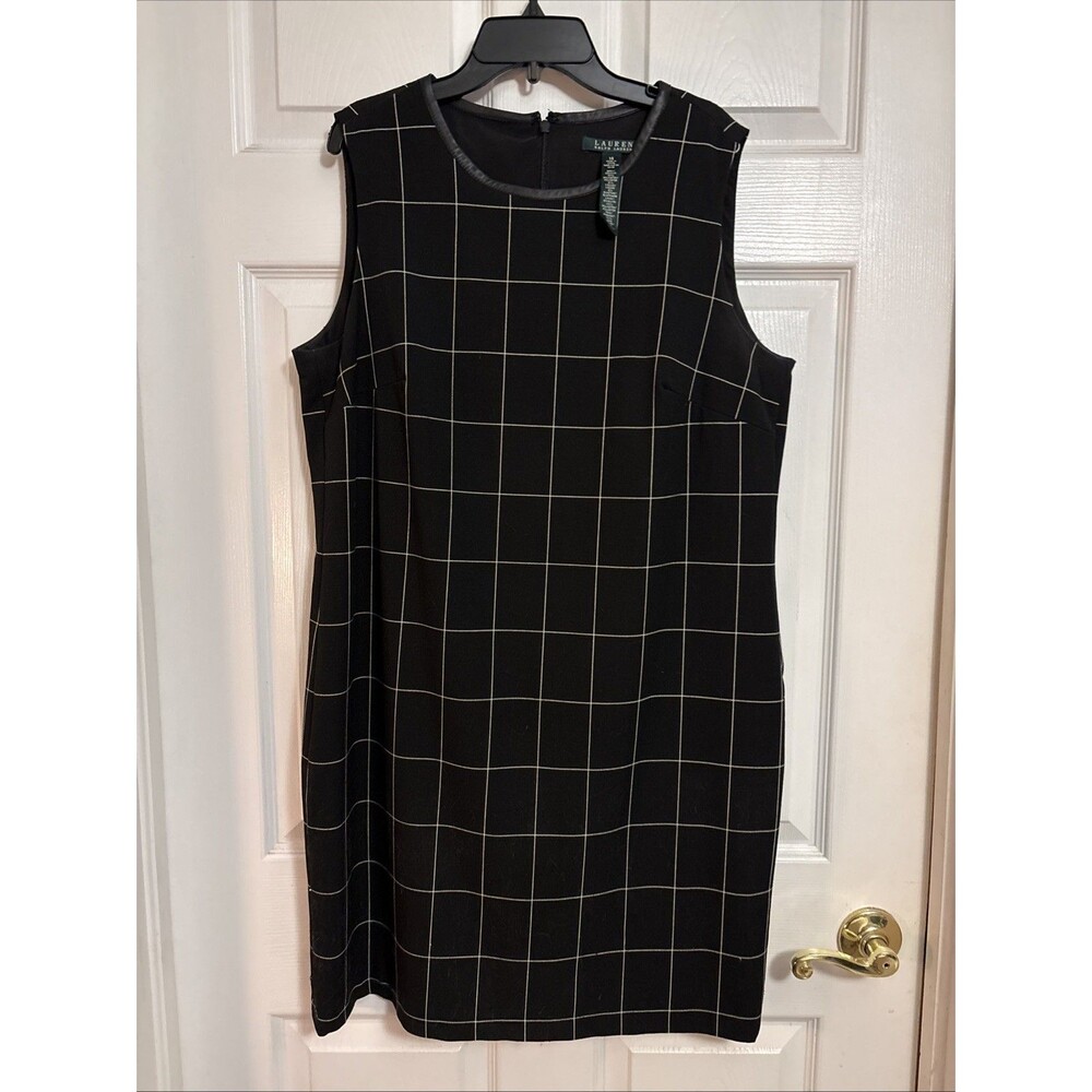 Lauren Ralph Lauren Windowpane Plaid Leather Trim Sleeveless Sheath Dress, Sz 14